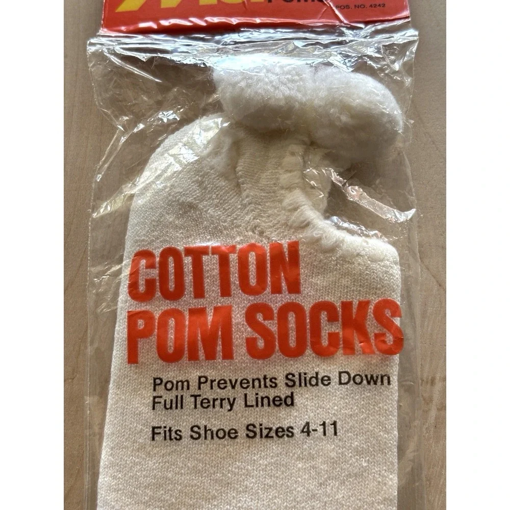 Vintage Ms. Pom Cotton Socks NIP Terry Lined 4-11 White